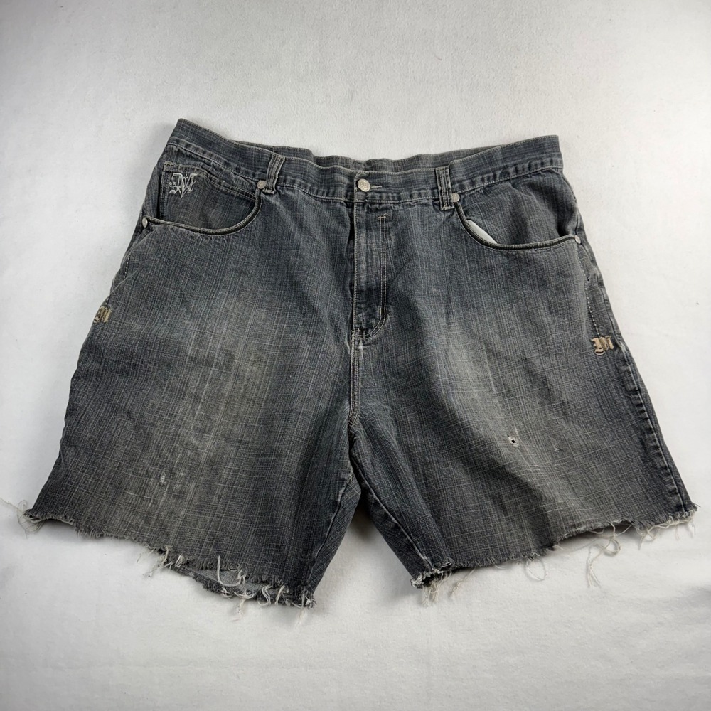 Makaveli Branded Mens Baggy Denim Shorts Faded Black Y2K Embroidered Size‎ 50